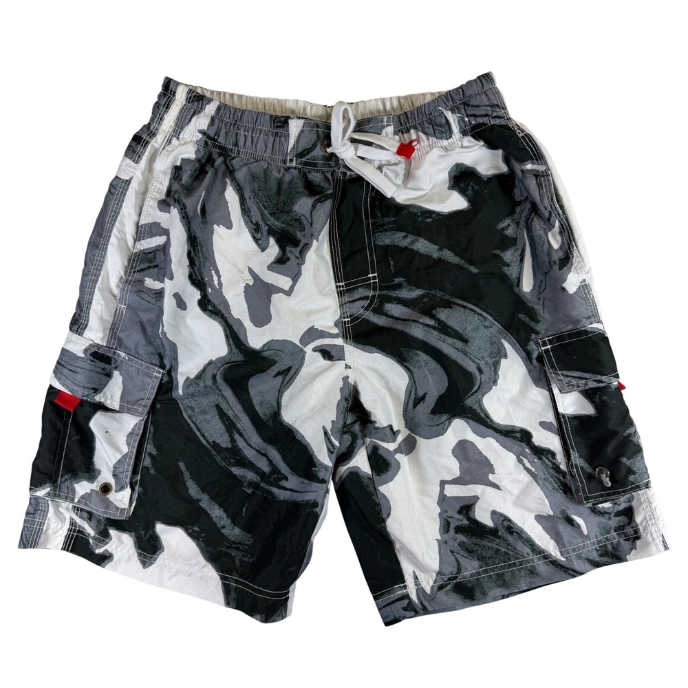 Sakkas Mens Marble Camo Cargo Board Shorts Black White Swim Trunks Size M B-3118